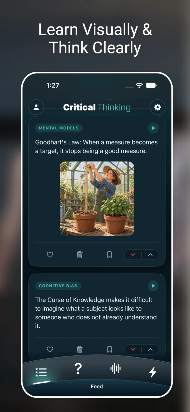 Feed with learning points on Goodhart’s Law, illustrated with a gardener measuring a plant, and on the curse of knowledge