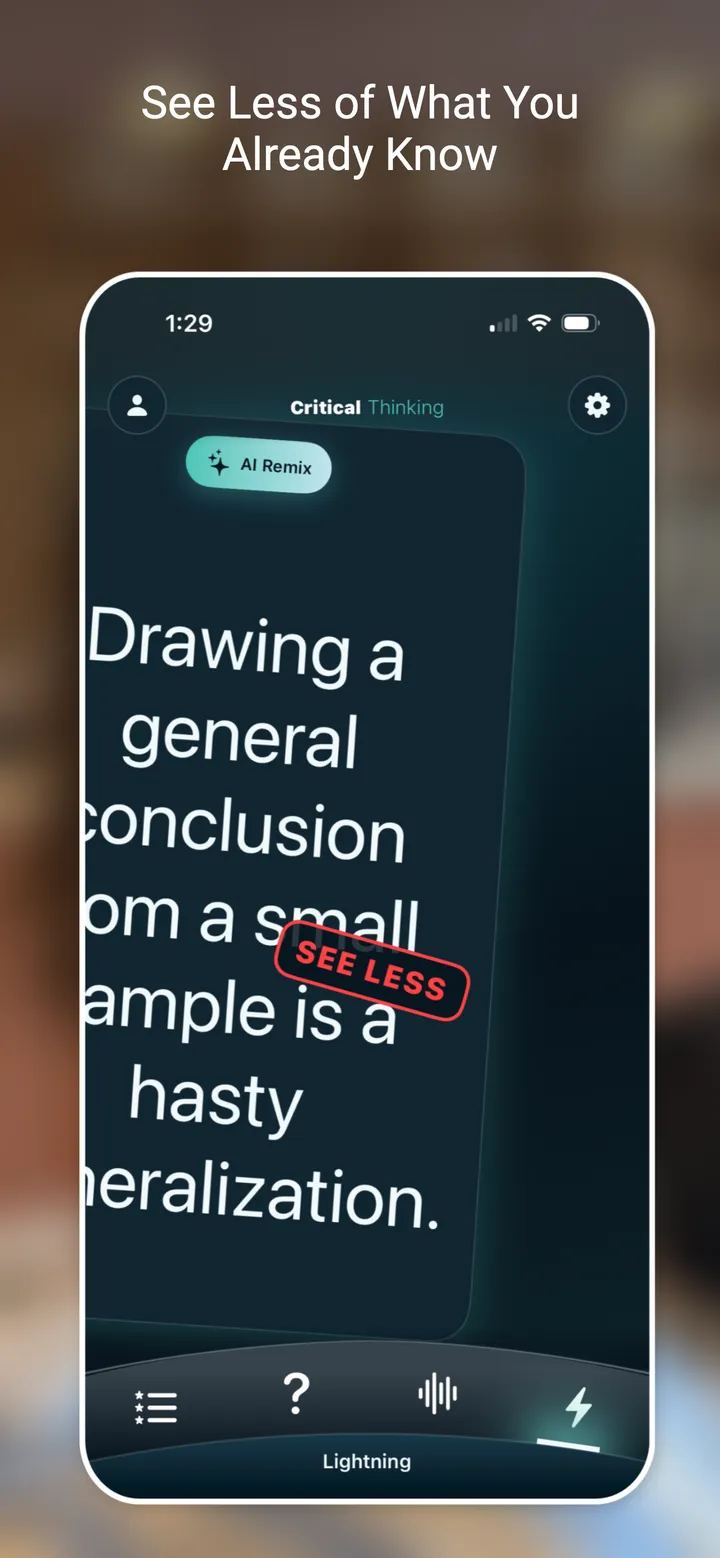 Lightning mode: a card on hasty generalization with an AI Remix button, swiped left and stamped See less
