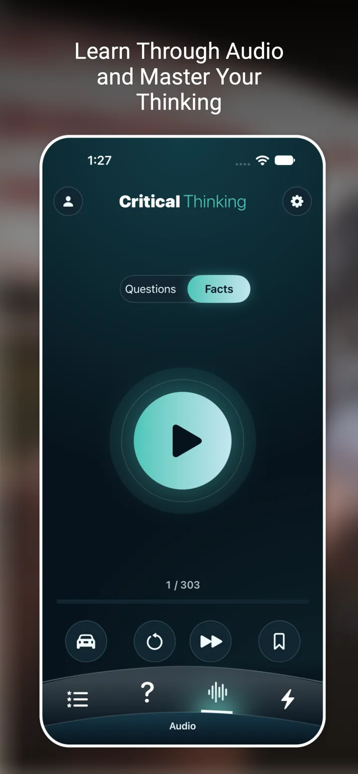 Audio player with a Questions and Facts switch, a large play button, and Drive Mode, replay, skip and bookmark controls