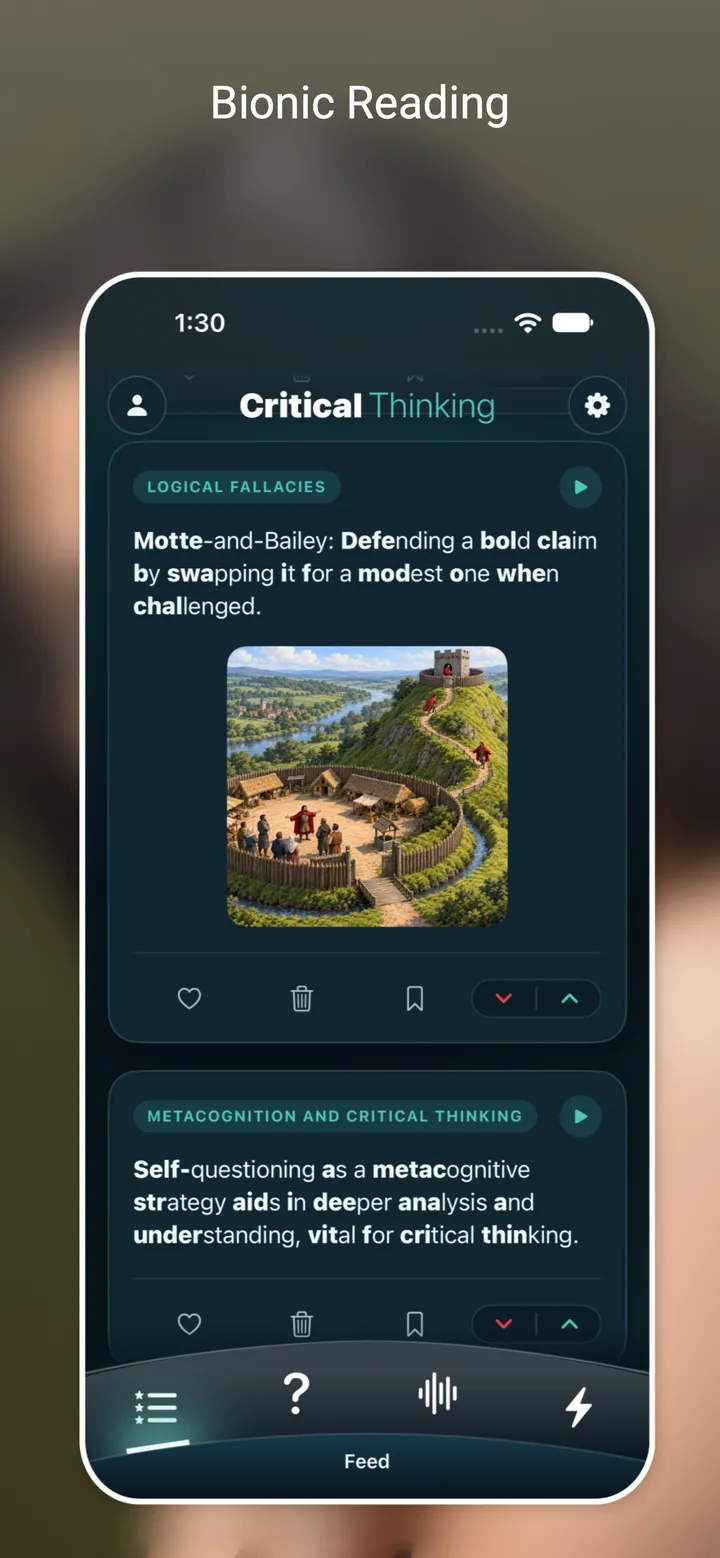 Feed with Bionic Reading on, setting the start of each word in bold, in learning points on the motte-and-bailey fallacy and on self-questioning as a metacognitive strategy