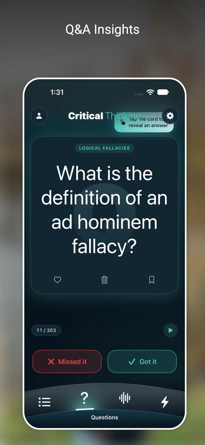 Questions card asking for the definition of an ad hominem fallacy, with a hint to tap the card to reveal the answer
